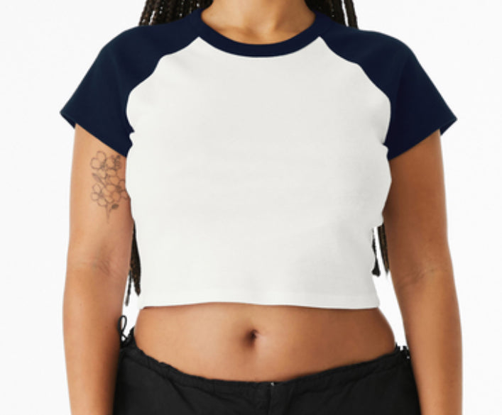 White & Navy Crop T-Shirt with Rhinestone Logo Choice